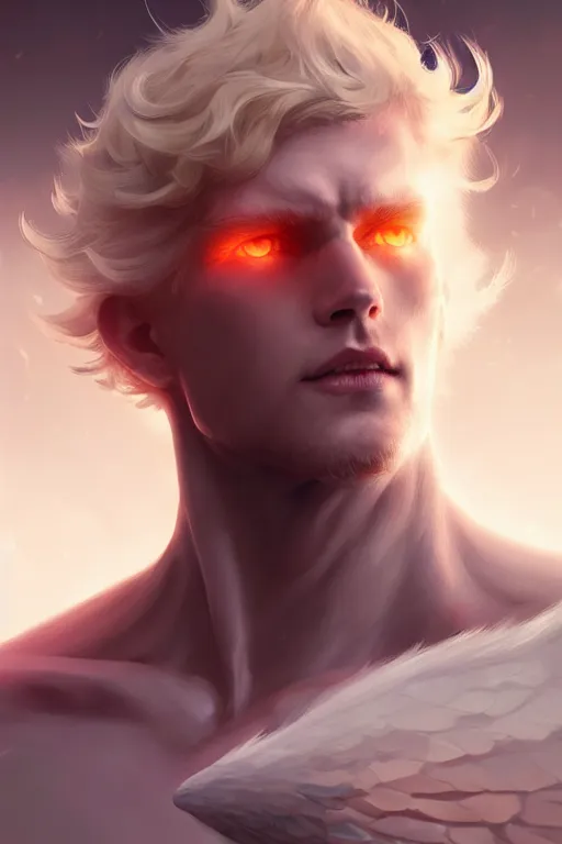 Prompt: digital art of a pale menacing male Cyborg Angel of Battle with fluffy blond curls of hair and piercing eyes, central composition, he commands the fiery power of resonance and wrath, by WLOP, Artstation, CGsociety