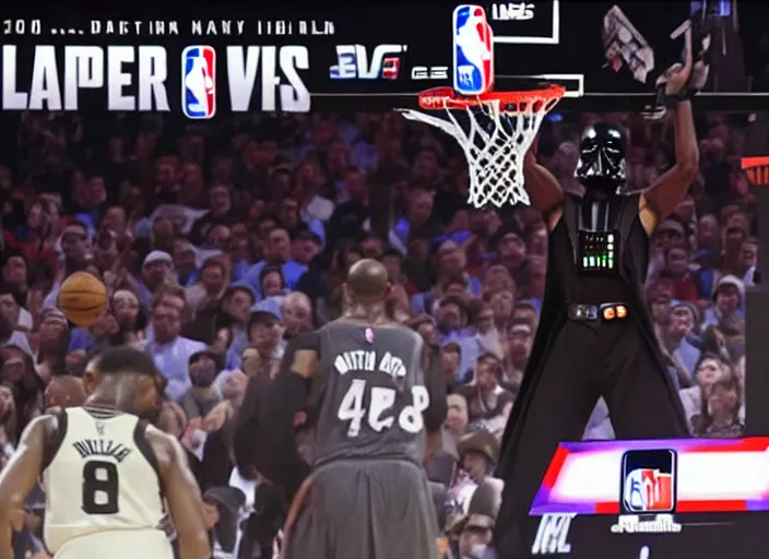 Image similar to ESPN still of Darth Vader playing in the nba playoffs live on espn, 4k