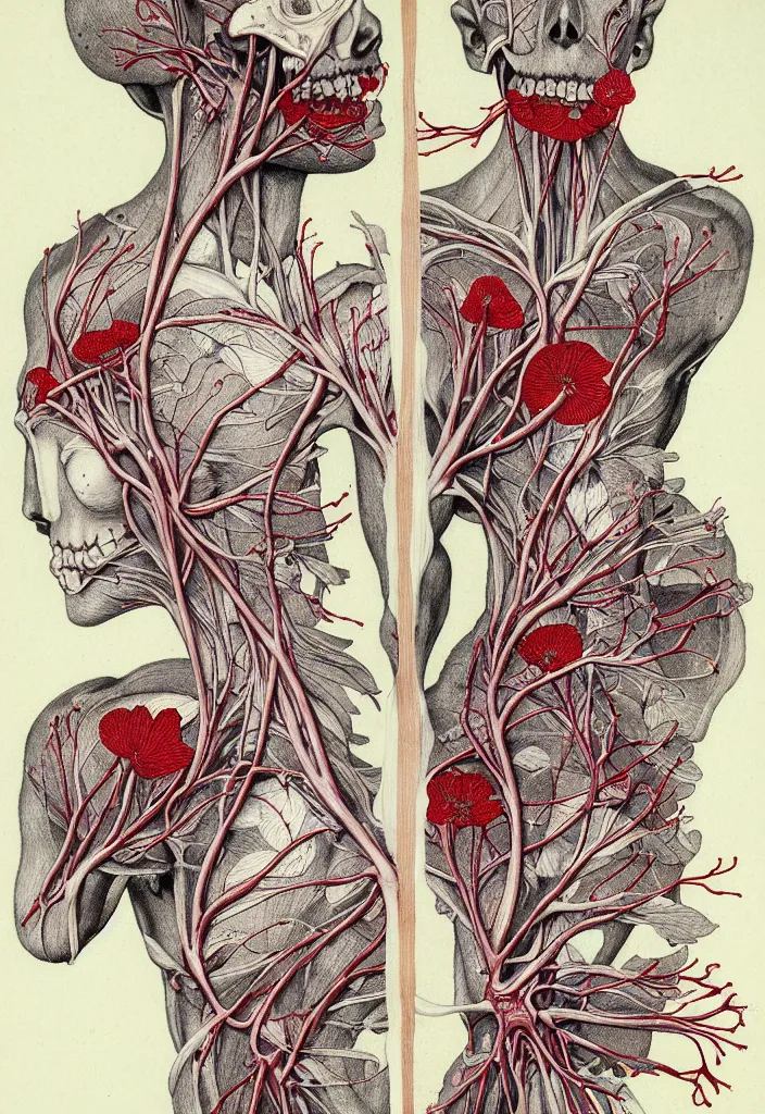 Image similar to prompt: anatomy dissection drawing veins and leaf blood system human shaped flower character drawn by Takato Yamamoto, petals and flower head, flower anatomy atlas, veins and organs attached to flower head, alchemical objects inspired by 1980's sci-ci, old experimentation cabinet, intricate oil painting detail, manga 1980