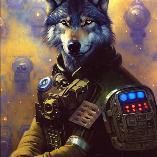 Prompt: portrait of a wolf in uniform as space engineer. shadowrun furaffiniy cyberpunk fantasy highly detailed painting by gaston bussiere craig mullins jc leyendecker gustav klimt artgerm greg rutkowski john berkey, bergey, craig mullins, ruan jia, raymond swanland, jeremy mann, tom lovell, alex malveda