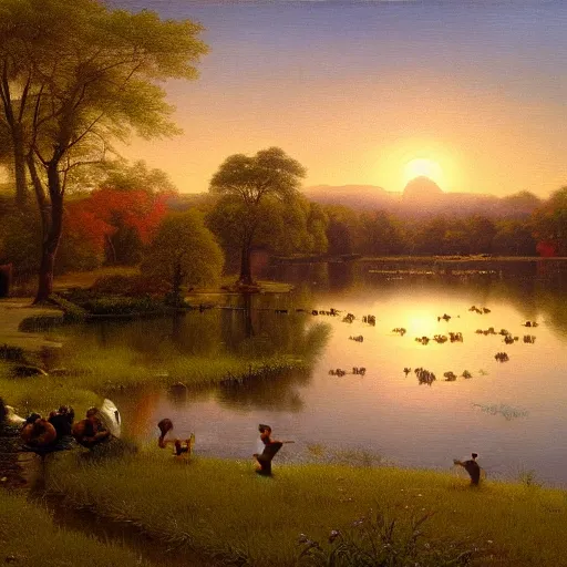 Image similar to a painting of a duck pond at sunset, surrounded by flower bushes, a detailed matte painting by Robert S. Duncanson, deviantart, hudson river school, terragen, trending on artstation