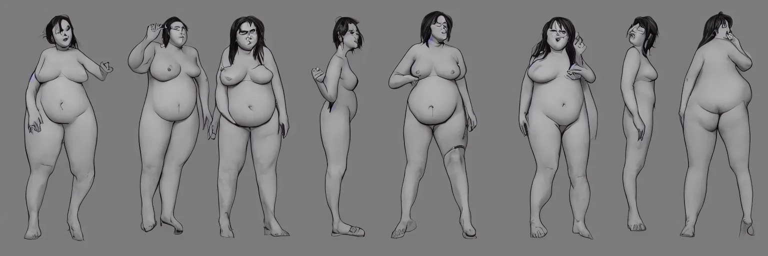 Prompt: female character study of bill hicks, fat woman, smoking, clear faces, emotional, character sheet, fine details, concept design, contrast, kim jung gi, pixar and da vinci, trending on artstation, 8 k, full body and head, turnaround, front view, back view, ultra wide angle