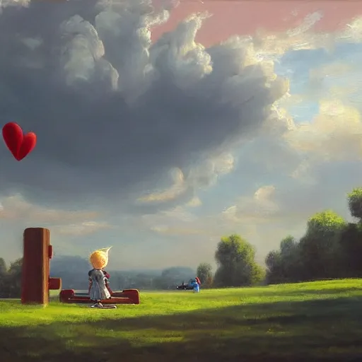 Image similar to eye - level view, shot from 5 0 feet distance, baby yoda plays is on a seesaw at a tranquil city park. a balloon vender sells balloons in the background. depth, dramatic clouds, setting sun. golden hour, oil on canvas painting, detailed, depth, volume, chiaroscuro, quiet intensity, serene.