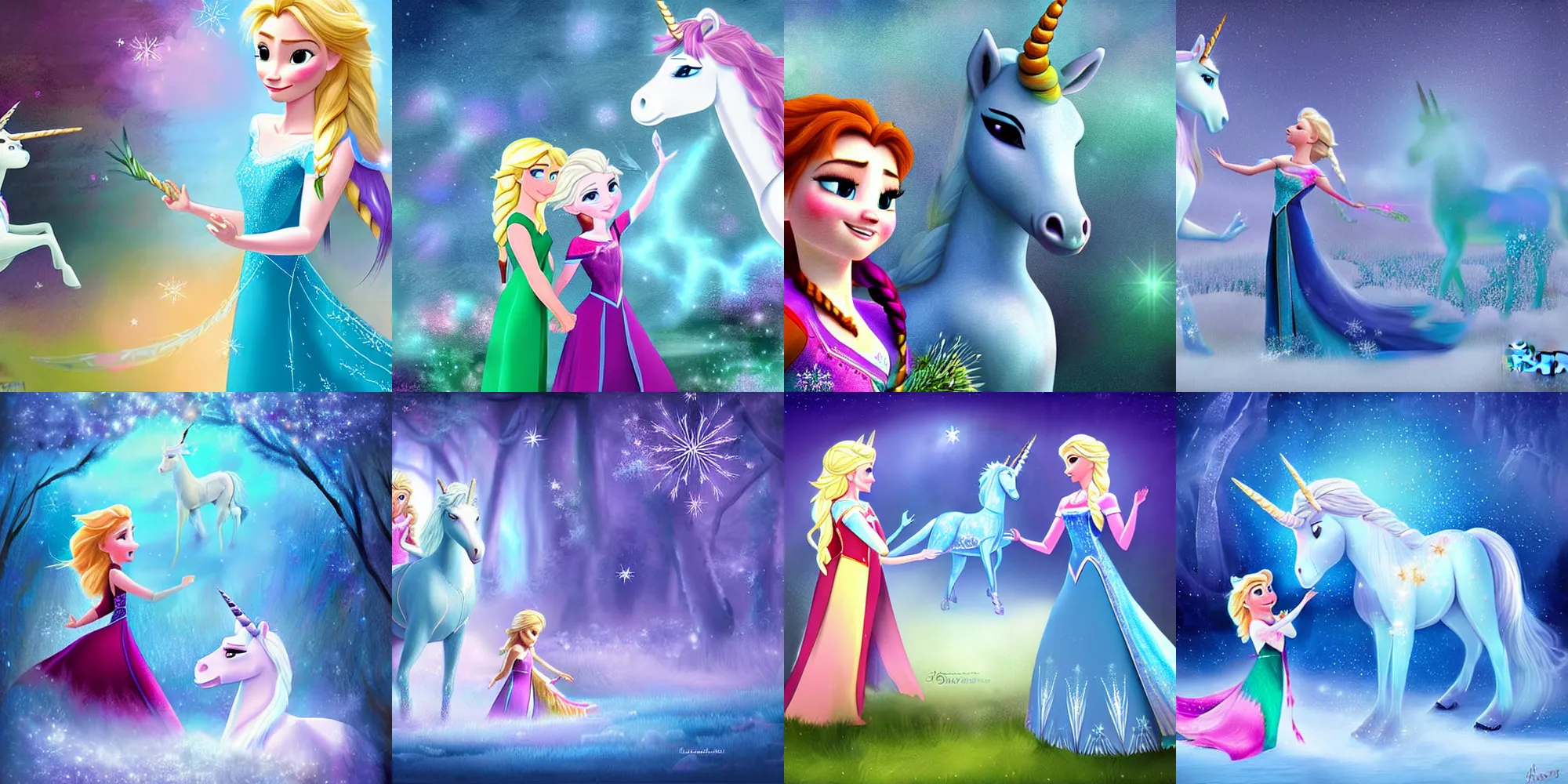 Prompt: Anna and Elsa play with a Unicorn digital art, fantasy, game art