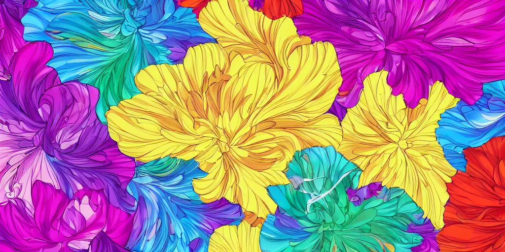 Prompt: background art of spaciously scattered multi colored flower petals flowing through the air from left to right on a clean background, acanthus scroll, petals, anime, artgerm, manga, trending on artstation, art nouveau