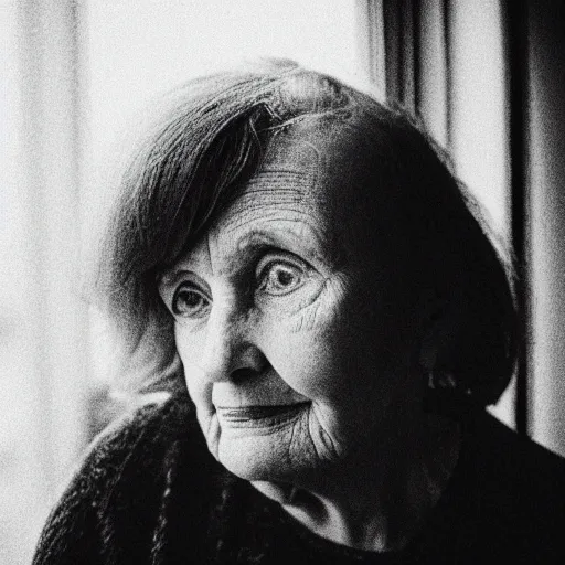 Image similar to black and white photograph portrait of a depressed mature woman standing by the window, natural light, lomo, film grain, soft vignette, sigma 85mm f/1.4 1/10 sec shutter