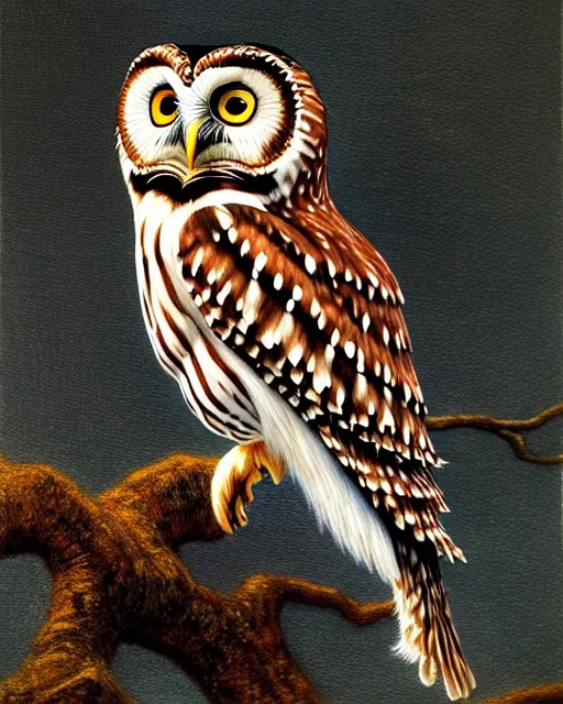 Prompt: an extremely detailed masterpiece painting of a northern saw - whet owl on a limb, in the style of brian froud, brian despain, brian bolland, digital art, unreal engine, volumetric lighting, dark moody lighting, trending on artstation, photorealistic, epic scene