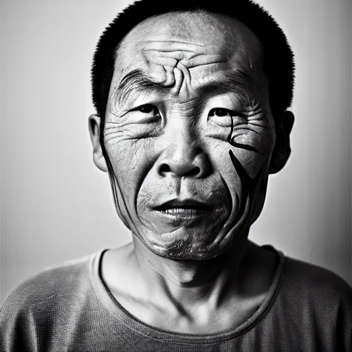 Prompt: grizzled tragic chinese man, age 3 5, with gutterpunk poke and stick face tattoos at dusk, black & white, richard avedon, 5 0 mm, grainy, low light