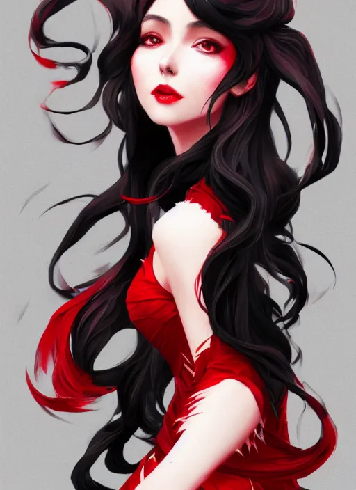 Image similar to a highly detailed illustration of hime cut black long haired woman wearing red dress, dramatic elegant smiling pose, perfect face, perfect body, intricate, elegant, highly detailed, centered, digital painting, artstation, concept art, smooth, sharp focus, league of legends concept art, wlop