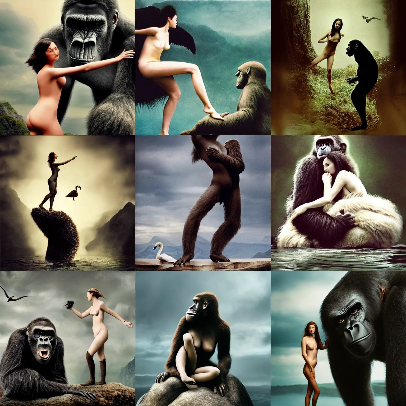 Prompt: Picture of a woman and King Kong by Annie Leibovitz in the style of Leda and the Swan.