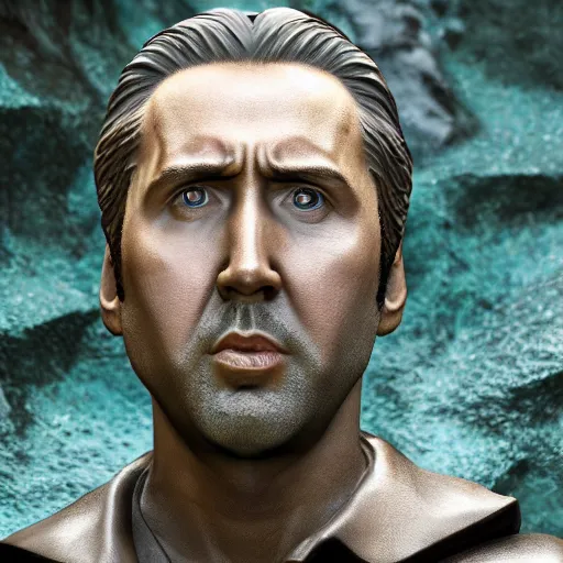 Image similar to Nicolas Cage mossy statue, bottom of the ocean, fish, 4k, detailed, photorealistic, photo, unreal engine 5