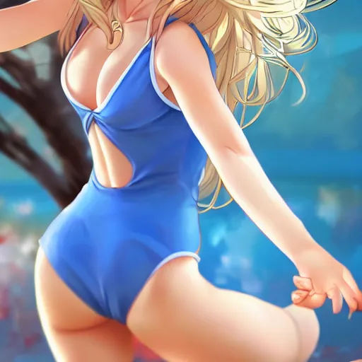 Image similar to a very beautiful young anime gymnastics girl, full body, long wavy blond hair, sky blue eyes, full round face,, bikini, miniskirt, front view, mid - shot, highly detailed, cinematic wallpaper by stanley artgerm lau