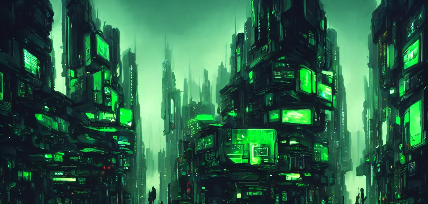 a wall of monitors glowing green, cyberpunk, cinematic | Stable ...