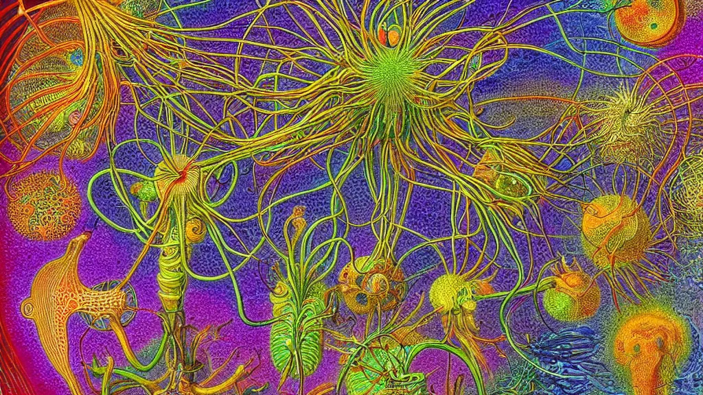 Prompt: quantum connections represented as symbiotic organisms like cells playing around with colorful lights by ernst haeckel, squishy