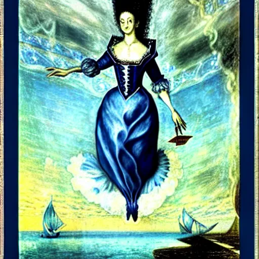 Image similar to Marie Antoinette levitating over the sea. El Greco, Remedios Varo, Salvador Dali, Carl Gustav Carus, John Atkinson Grimshaw. Blue tint. Symetrical, logo, geometric shapes.