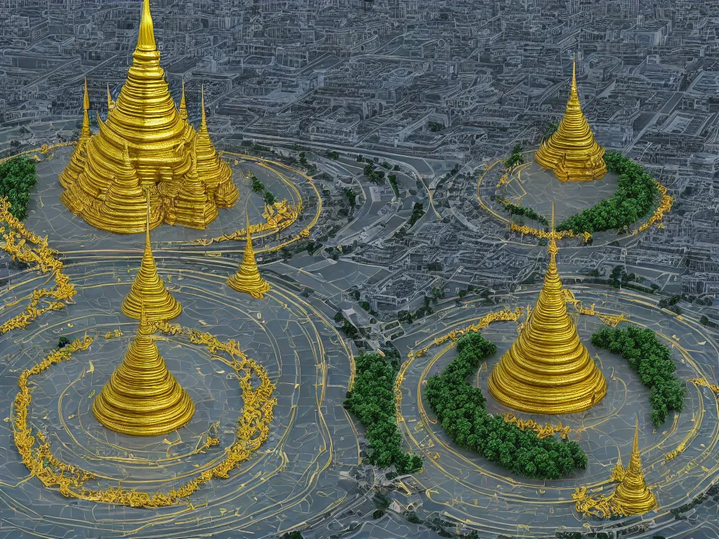 Image similar to opulent hyperbaric thai democracy monument on top and thai royal palace at the bottom prison chronomacrophotograph mycelial faberge vast circle round chamber on a nanometer scale. ultracomplex precision engineering diagram render, extra ray - tracing.