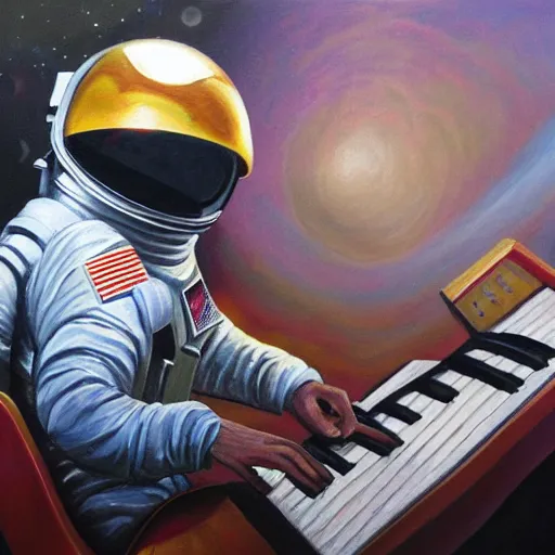 Image similar to a detailed oil painting of an astronaut playing keyboard