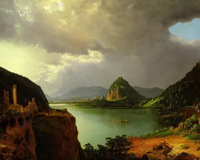 Prompt: “A landscape painting of Castle Drachenfels on cliffs overlooking the Rhine river. Dramatic lighting, stormclouds. By Albert Bierstadt and Asher Brown Durand.”