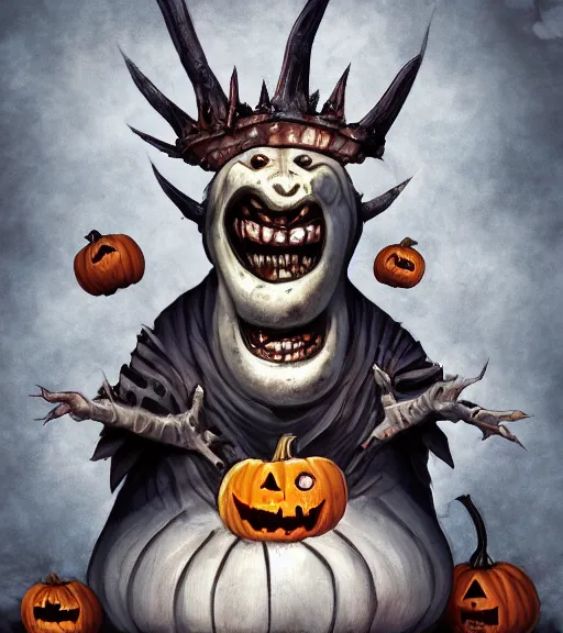 Prompt: a tim burton design of a weird king creature made of pumpkin, wearing a robe, giant and fat, laughing, sitting on a stone throne, detailed game art illustration, menacing carved facial expression, creepy lighting, dynamic pose, 4 k artstation, masterpiece