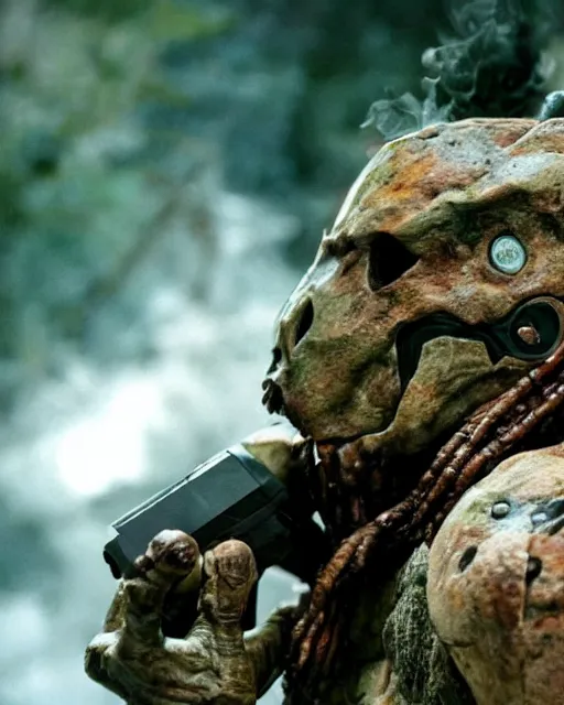 Prompt: cinematic, 4 k, full body portrait, rock golem as a soldier, on break smoking a cigarette, still from the movie predator