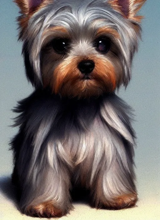 Prompt: A beautiful portrait of grey puppy yorkshire terrier looking expecting plush toy, digital art by Eugene de Blaas and Ross Tran, vibrant color scheme, highly detailed, in the style of romanticism, cinematic, artstation, Greg rutkowski