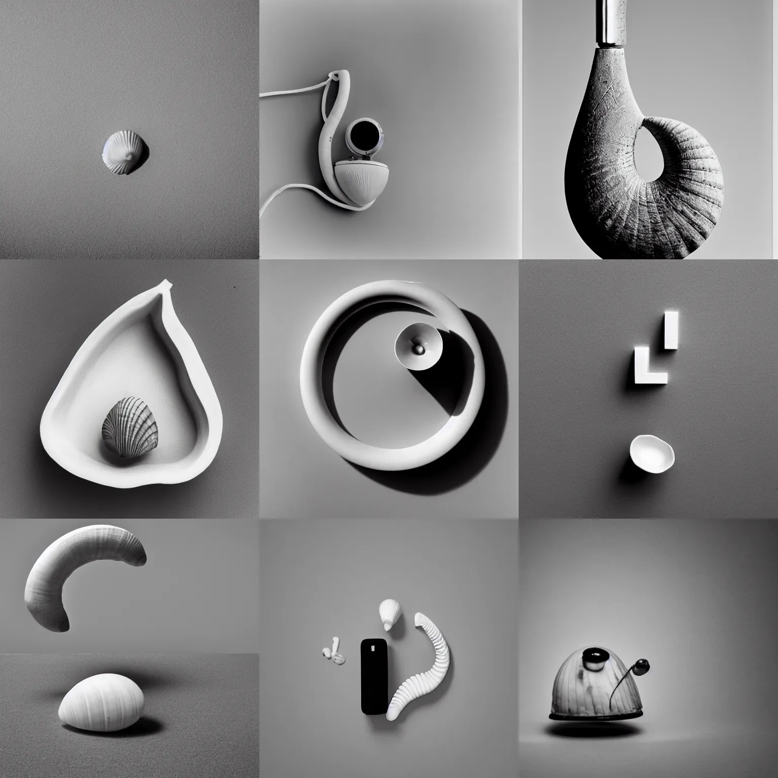 Image similar to Award-winning photograph by Chema Madoz. The photo depicts a telephone in the shape of a seashell. Telephone and seashell metamorphosis. Black and white, minimalism, high definition, perfect composition