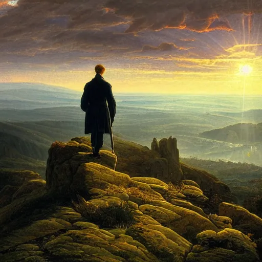 Prompt: a wanderer looking down from the peak of a mountain, distant valley, sunset, sunrays, dramatic light, high detail, masterpiece, painted by caspar david friedrich, trending on artstation