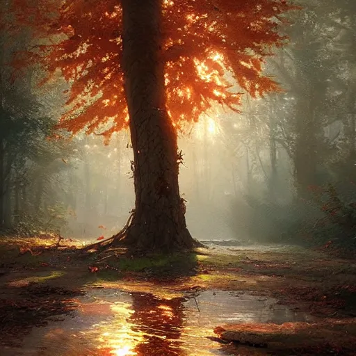 Prompt: there is no light only a honey - thick stain that drips from leaf to leaf and limb to limb spoiling the colors of the whole world by greg rutkowski and thomas kinkade, trending on artstation