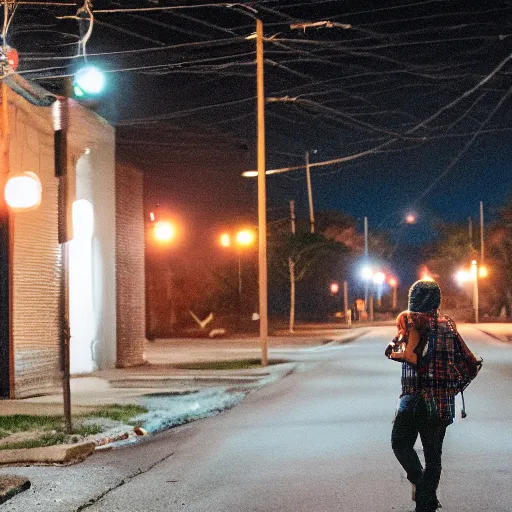 Prompt: a 3 am youtuber walking through the streets of east saint louis during 3 am