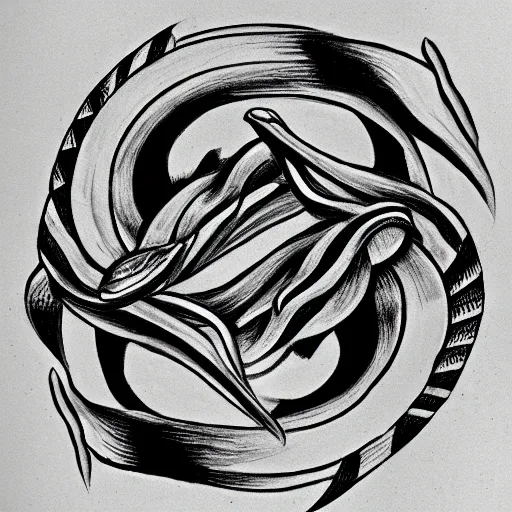 Image similar to a black and white ouroboros drawing