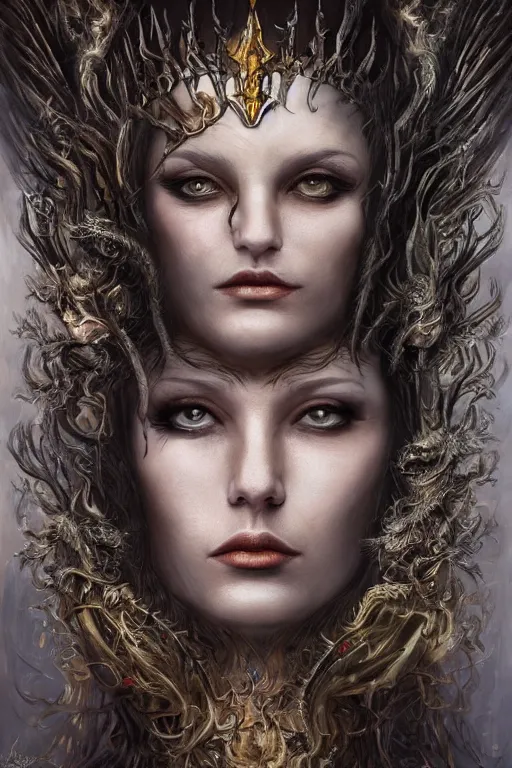 Image similar to single face portrait. very complex hyper-maximalist overdetailed cinematic darkfantasy portrait of an elegant very attractive but dangerous and wild queen dragon by andrei riabovitchev, tomasz alen kopera, oleksandra shchaslyva. Omnious intricate. Focus on face. Artstation. Deviantart. 8k 4k 64megapixel.