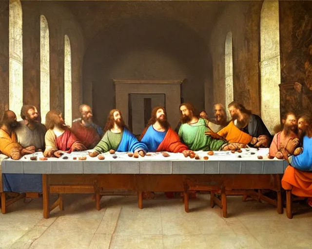 Prompt: beautiful glorious realistic oil painting of the last supper, baroque style by rembrandt, highly detailed and photorealistic, 8 k high detail and intricate