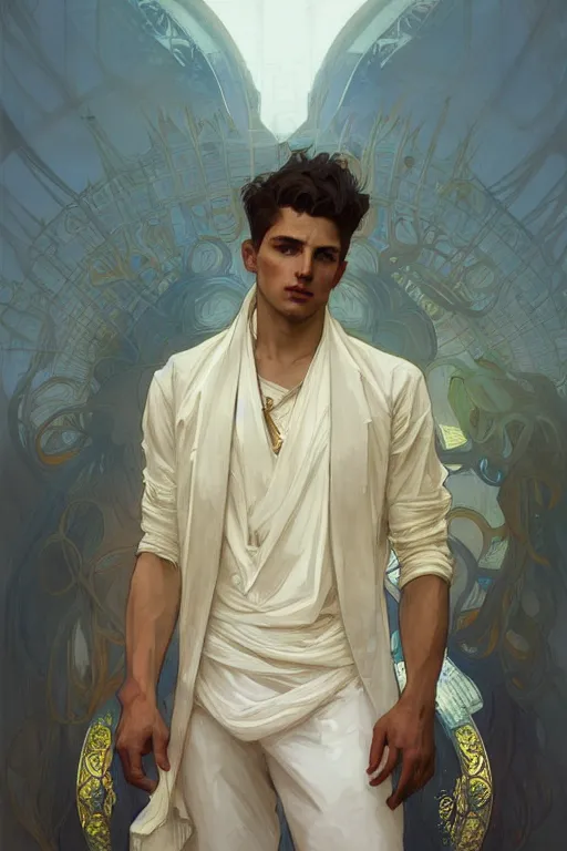 Image similar to portrait of the most beautiful young male ever, modern style, by greg rutkowski and alphonse mucha, d & d character, gradient white to gold, highly detailed portrait, in front of an urban background, digital painting, artstation, concept art, smooth, sharp focus ilustration, artstation hq