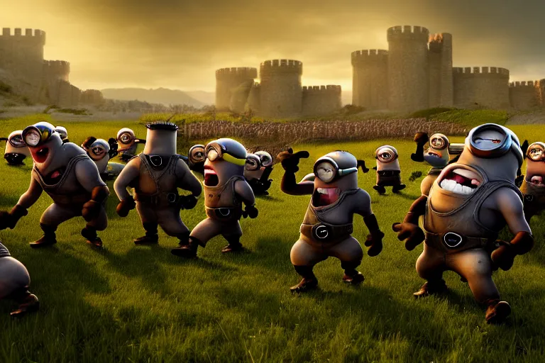 Prompt: diorama of group of minions fending off an army of orcs on the open plains of bliss wallpaper, giant castle walls, realistic, 4 k, detailed, atmospheric, cinematic lighting, octane render, unreal engine render, ray tracing lighting