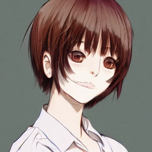 Prompt: full upper-body portrait of a girl with short brown hair, wearing a white blouse, drawn by WLOP, by Avetetsuya Studios, attractive character, colored sketch anime manga panel, trending on Artstation