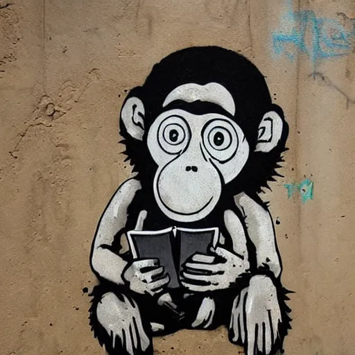 Prompt: a single Monkey reading a book, wearing a gas mask, graffiti, edge to edge, solid color background intricate, highly detailed, smooth, sharp focus, detailed face and body, high contrast, art by wrdsmth