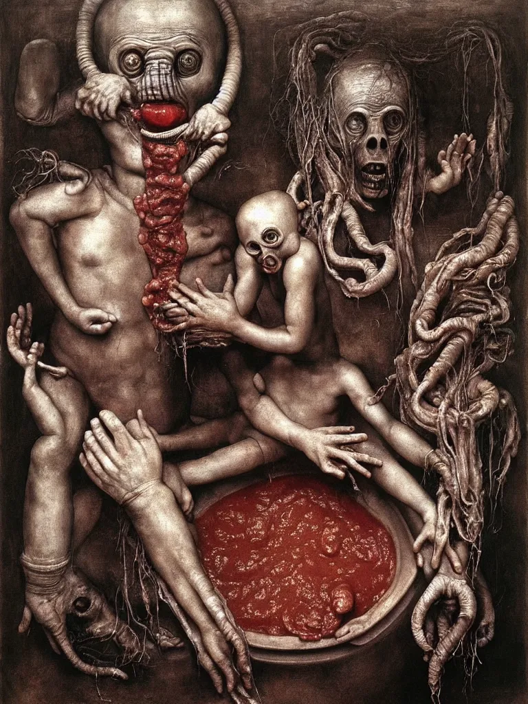 Prompt: a boy like eraserhead and elephant man sitting in a tub full of tomato sauce, looking straight into camera, screaming in desperation, baptist ritual, by giuseppe arcimboldo and ambrosius benson, renaissance, fruit, intricate and intense oil paint, a touch of beksinski and hr giger and edward munch, realistic