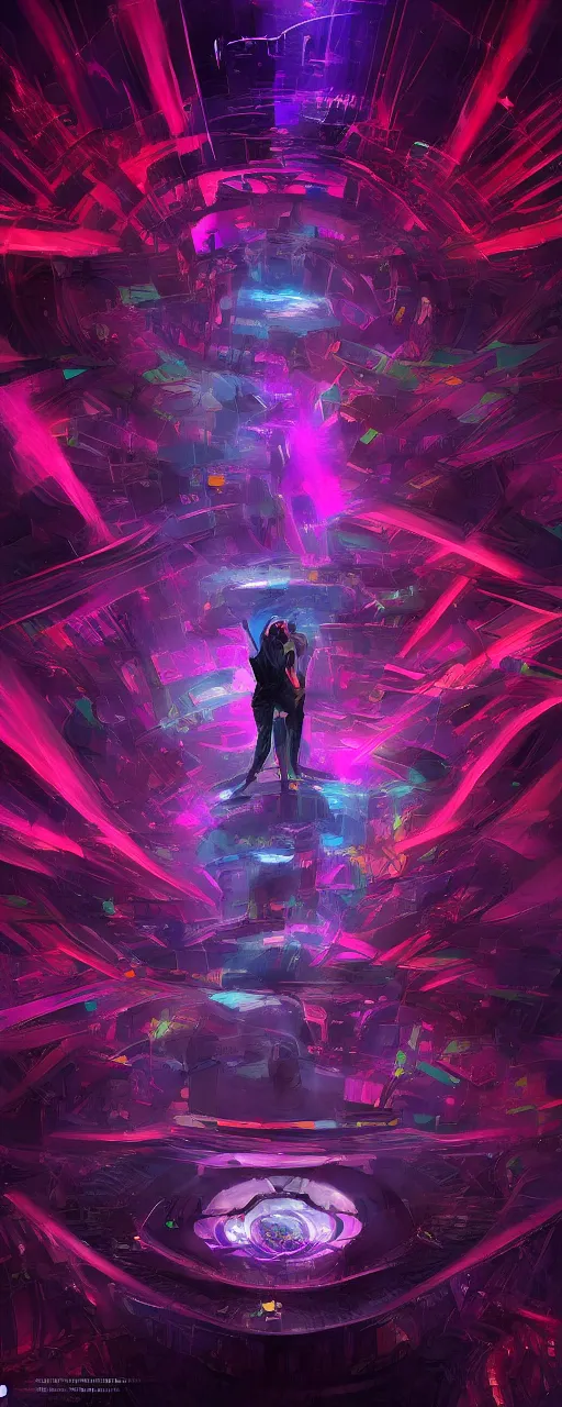 Prompt: Dystopian future, the DJ floats on a platform just above a huge crown of people dancing below to the Techno soundscape, lasers fill the scene with light of red, pink, green and purple, in the style of artgerm and greg rutkowski and alphonse mucha, concept art, ultra realism, photo realism, cgsociety, octane render, artstationHD, artstationHQ, unreal engine, 4k, 8k