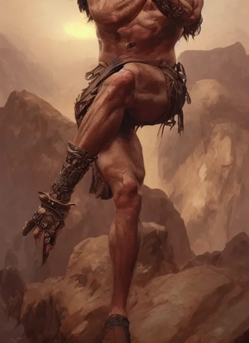 Prompt: Portrait of a rugged warrior, male, man, D&D, muscular, bare thighs, fantasy, intricate, elegant, highly detailed, digital painting, artstation, concept art, smooth, sharp focus, illustration, art by artgerm and greg rutkowski and alphonse mucha