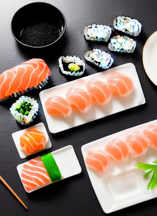 Image similar to clear photorealistic picture of simple cute cat paws pads made from sushi rice, sitting on sushi plates with garnish