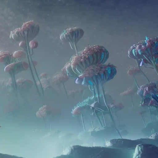 Image similar to an epic flowering alien landscape in the style of origami, 8 k, cinematic light, artstation