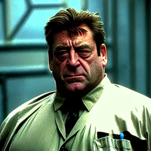 Image similar to john goodman as neo in the matrix movie, realizing he's in the matrix