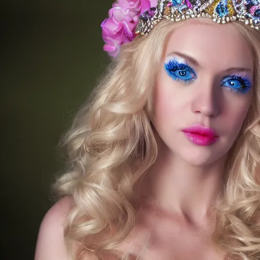 Prompt: close up headshot of a princess with long blonde hair and blue eyes wearing a strapless elaborately beaded pink dress, high resolution film still, 8k, HDR color, film by Simon Langton and David Frankel, diamond shaped face