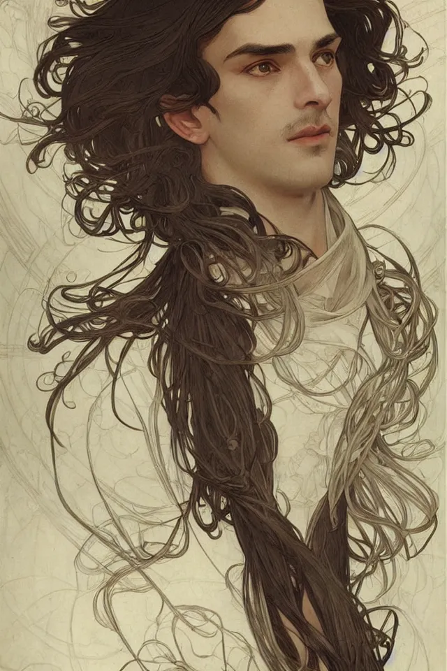 Prompt: skinny male fantasy scientist, long dark hair, 1 9 2 0 s, elegant, highly detailed, intricate, smooth, sharp focus, artstation, digital paining, concept art, art by alphonse mucha, artgerm, valentina remenar, cedric peyravernay