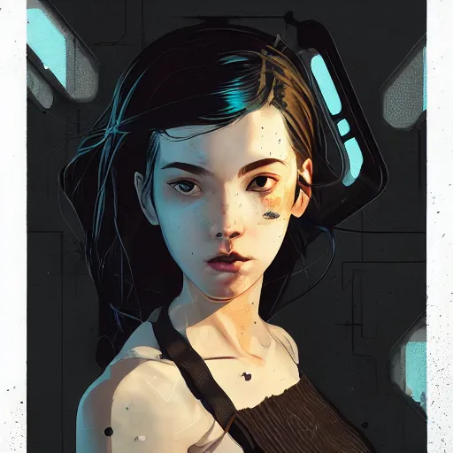 Prompt: Highly detailed portrait of a cyberpunk young lady with, freckles and wavy hair by Atey Ghailan, by Loish, by Bryan Lee O'Malley, by Cliff Chiang, by Greg Rutkowski, inspired by image comics, inspired by graphic novel cover art, inspired by nier!! Gradient black black black color scheme ((grafitti tag brick wall background)), trending on artstation