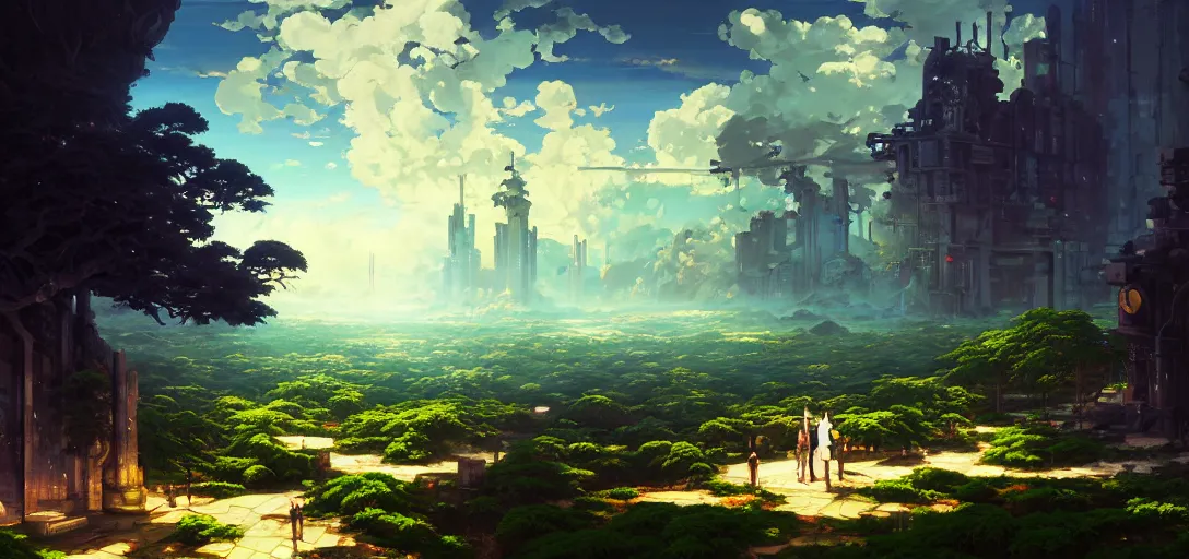 Image similar to baroque oil painting of anime key visual environment concept art of a garden of eden in a cyberpunk world, brutalist, dark fantasy, rule of thirds, digital cel shading, fake hidden detail, trending on pixiv fanbox, acrylic palette knife and brush, style of makoto shinkai studio ghibli jamie wyeth james gilleard greg rutkowski