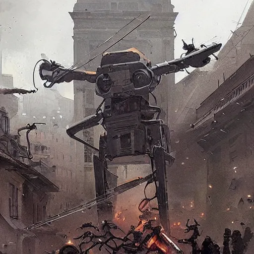 Prompt: spider robots terrorise streets of weimar germany and attack freikorps soldier, heavy street battle, pile of bodies, art by greg rutkowski and jakub rozalski