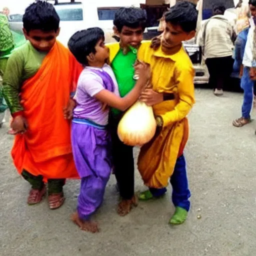 Image similar to indian boy dressed as an onion getting bullied