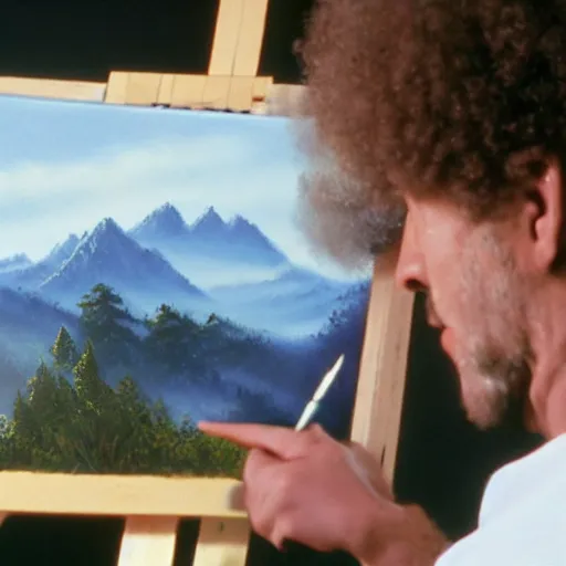 Image similar to a closeup photorealistic photograph of bob ross working on a canvas painting of spiderman. film still. brightly lit scene. mountains and trees. this 4 k hd image is trending on artstation, featured on behance, well - rendered, extra crisp, features intricate detail, epic composition and the style of unreal engine.