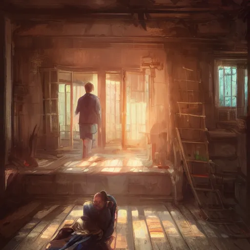 Prompt: two husbands leave each other inside a big wooden broken house by Stanley Artgerm Lau, WLOP, Rossdraws, James Jean, Andrei Riabovitchev, Marc Simonetti, Yoshitaka Amano, ArtStation, CGSociety, highly detaild 4K, cinematic style, studio light